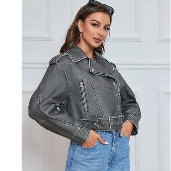 Gray Faux Leather Oversized Cropped Jacket Belted Biker Moto Jacket Coat Zip Up - Picture 2 of 8